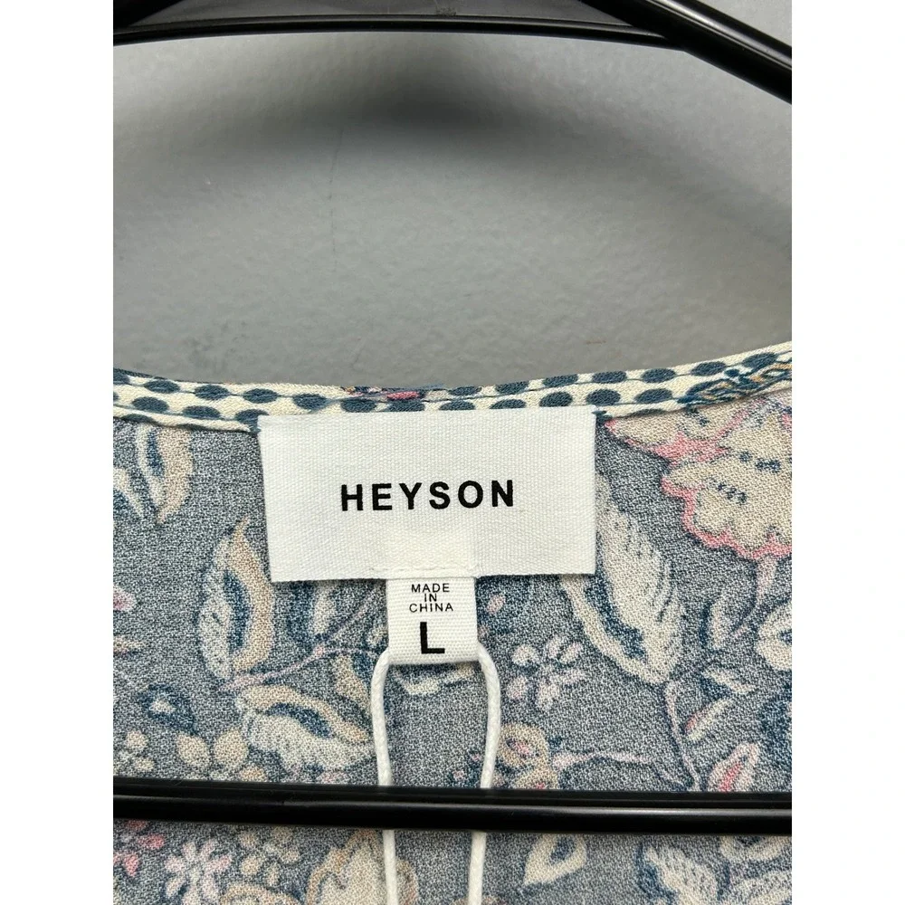 Heyson Blouse Women Large Blue Floral Boho Bell Sleeve Peplum Cottage V-Neck NEW - Picture 4 of 8